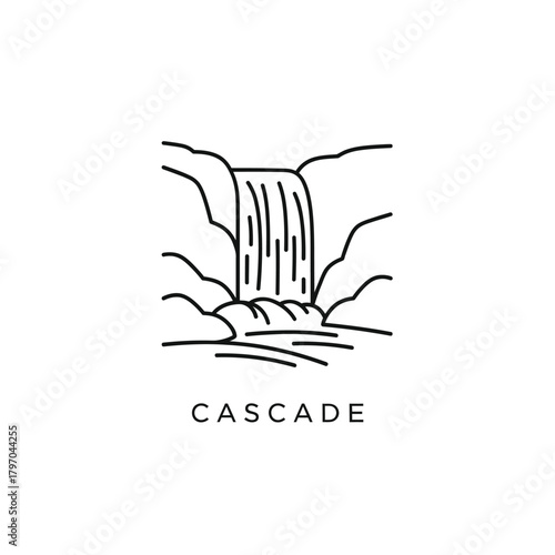 A minimalist black-and-white illustration of a cascading waterfall with rocks. Text below CASCADE
