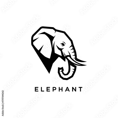 Bold black and white illustration of an elephant head with stylized features, including tusks and trunk