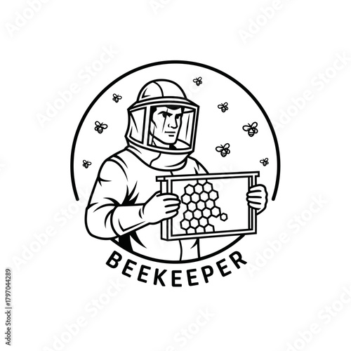 A black and white illustration depicts a beekeeper in a protective suit, holding a honeycomb frame