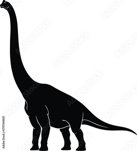 A striking silhouette of a long necked dinosaur possibly a brachiosaurus