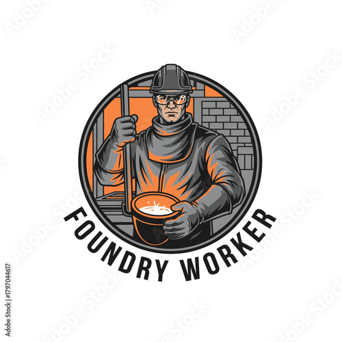 A foundry worker, dressed for work, holding a ladle of molten metal in a circular design