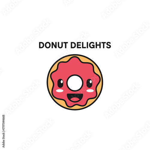 A smiling cartoon donut with pink frosting, surrounded by a light brown ring and black outline