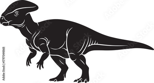 A striking black silhouette illustration of a pachycephalosaurus dinosaur