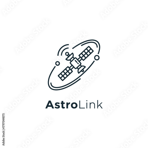 A vector illustration of a satellite orbiting, with antenna waves and an orbital path