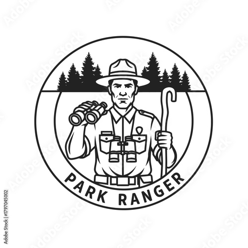 A park ranger in a round badge with trees in the background, holding binoculars and a cane