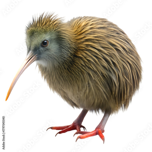 A fluffy brown kiwi bird with a long beak, standing on its red feet, isolated on a transparent background, showcasing its unique appearance and national symbol status