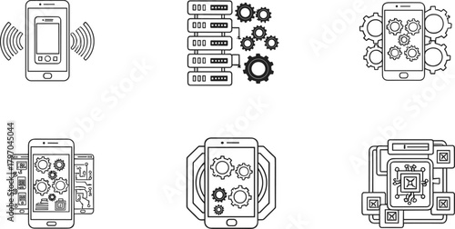 Mobile technology icon bundle, smartphone, gears, server racks, circuit diagrams, software development, digital systems, vector silhouettes, editable design, black pictograms, tech symbols