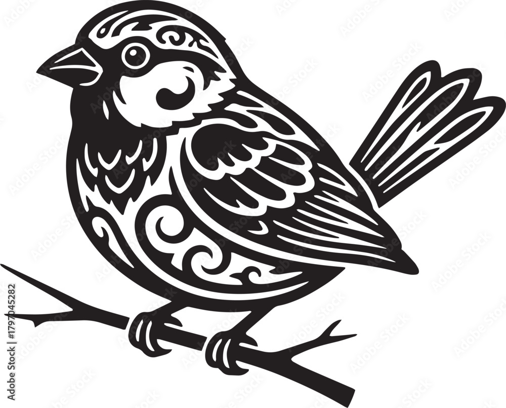 Obraz premium Detailed black and white illustration of a small bird perched on a branch