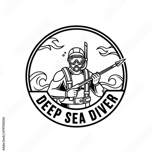 A monochrome illustration of a diver with a speargun inside a round frame, with waves around