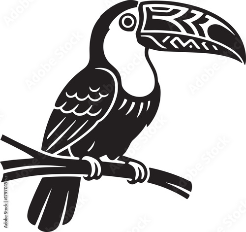 Stylized black and white illustration of a toucan perched on a branch
