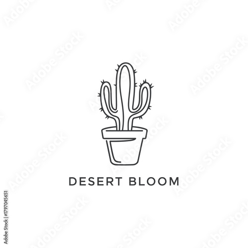 A stylized minimalist illustration of a cactus in a pot. Text reads "DESERT BLOOM