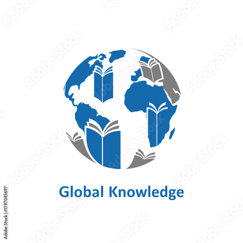 Stylized world map with open books emerging to represent global knowledge and education