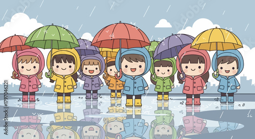 Cute style vector characters wearing raincoats and boots,
