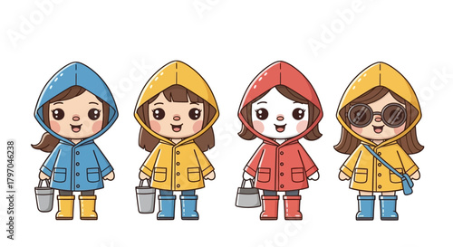 Cute style vector characters wearing raincoats and boots,
