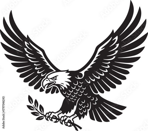 Majestic eagle in flight clutching an olive branch in its talons