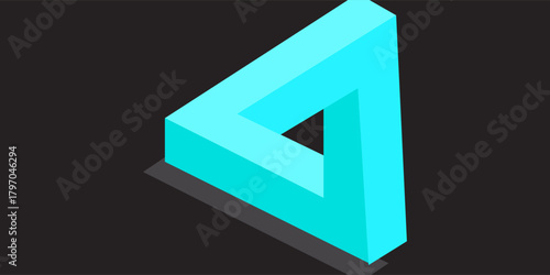 Isometric impossible Penrose triangle on turquoise blue. Confusion, impossibility, imagination and unity of opposites. Flat design.