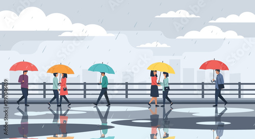 Flat vector illustration of rainy season scene with people walking under 