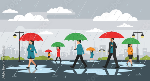 Flat vector illustration of rainy season scene with people walking under 