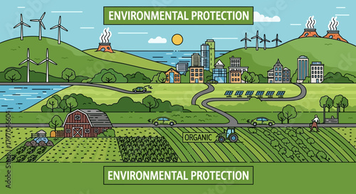 Green rural and urban community illustration, renewable energy sources, 