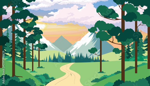 Vector illustration of a beautiful mountain landscape with coniferous trees.Cartoon scene of high mountains, winding road, green slopes, bushes, fir trees, coniferous trees, grass, sun, fluffy clouds.