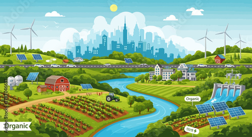 Green rural and urban community illustration, renewable energy sources, 