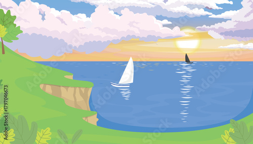 Vector illustration of a picturesque seascape with sailboats. Cartoon scene of a coast with high cliffs, a tree, green plants, blue sea, sailboats, ripples on the water, bright sun, fluffy clouds.