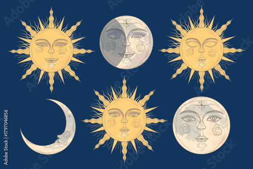 Set of stylized suns and moons in cartoon style. Vector illustration: suns with rays, full, crescent moons with faces, closed, open eyes isolated on dark blue background. Astrology, mythology.