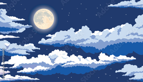 Vector illustration of an incredible night sky. Cartoon scene of a beautiful night dark sky with fluffy clouds, stars of different sizes, a large shining full moon isolated on a dark blue background.
