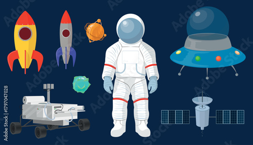 Set of space objects in cartoon style. Vector illustration of various space symbols: astronaut in spacesuit, rocket, flying saucer, meteorite, asteroid, space rover, satellite with solar panels.