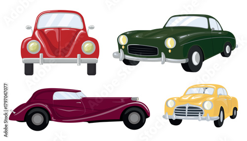 Set of vintage cars in cartoon style. Vector illustration of luxury multi-colored models of passenger cars, side and front view: red, green, dark crimson, yellow isolated on white background.