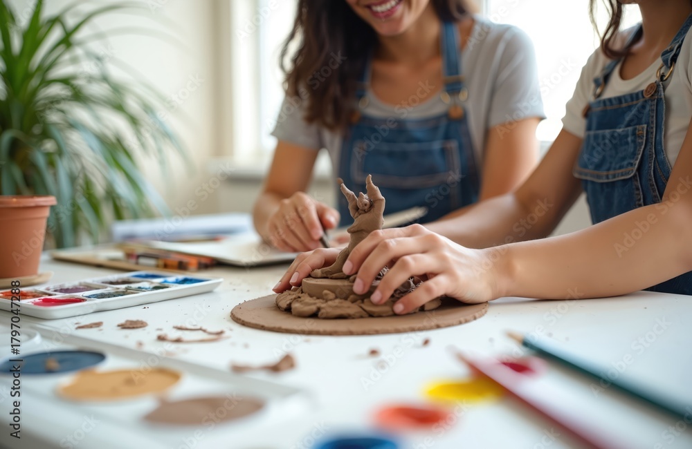 Fototapeta premium Two female art students create sculpture from clay. Woman sculpts with artist friend in creative studio. Girls wear blue denim overalls and smile with hobby. Students study together.