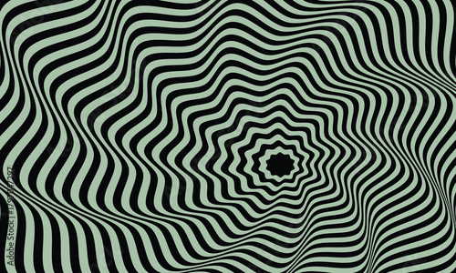 Hypnotic black and white optical illusion pattern with wavy lines and starburst effect