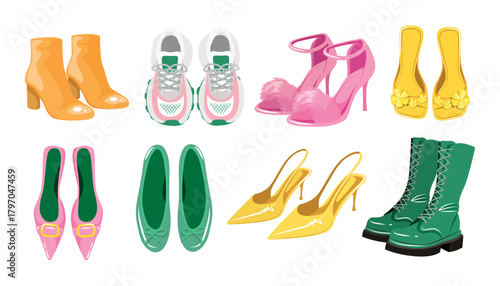 Set of elegant women's pairs of shoes in cartoon style. Vector illustration of stylish different types of shoes: boots, sneakers, high-heeled sandals, sandals, ballet flats, slingbacks, high boots.