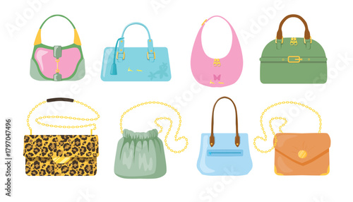 Set of elegant women's handbags in cartoon style. Vector illustration of stylish handbags with different designs, prints, shapes, straps, chains isolated on white background. Personal accessories.