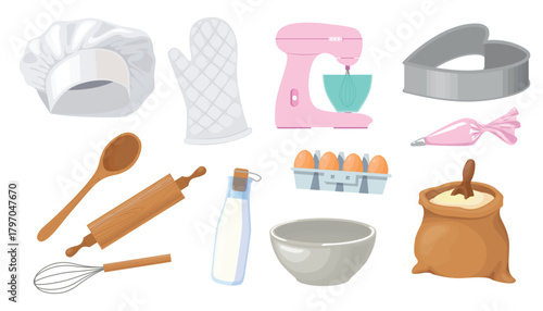 Set of baking items in cartoon style. Vector illustration: chef's hat, potholder, mixer, baking pan, wooden spoon, rolling pin, milk, eggs, bowl, pastry bag, whisk, flour isolated on white background.