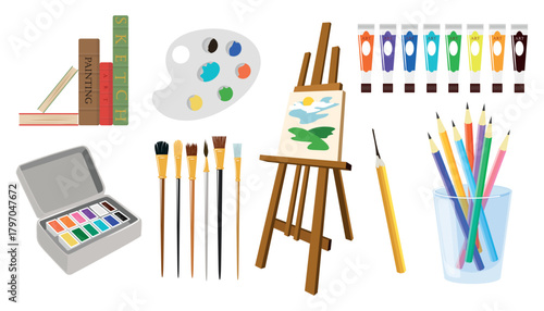 Set of objects for creativity, drawing in cartoon style. Vector illustration: books, palette, tubes of paints, easel with canvas, brushes, watercolor, glass with pencils isolated on white background.