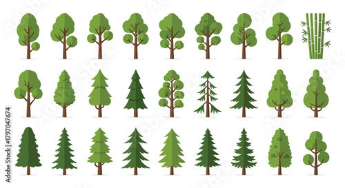Flat Design Tree Icon Set - Diverse Collection of Deciduous and Conifer Trees