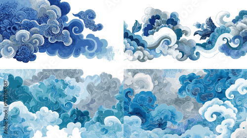 Intricate watercolor cloud and wave patterns in blue tones inspired by East Asian art, perfect for backgrounds, decorative borders, textiles, and elegant themed designs.