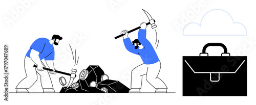 Two workers extracting resources with tools, alongside a sleek briefcase and cloud symbol. Ideal for themes thumbs up effort, teamwork, business strategy, productivity, goals, data mining, simple