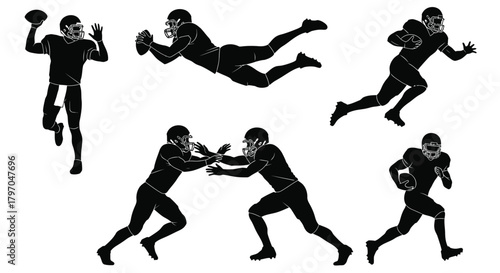 American Football Player Silhouettes in Action Poses Set