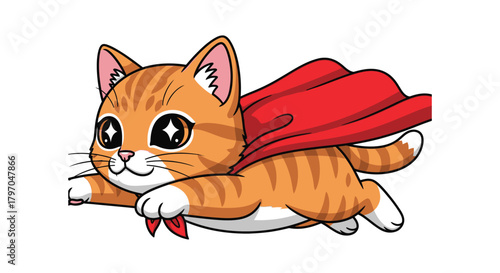 Cute Superhero Tabby Cat Flying with Red Cape