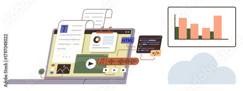 Laptop featuring documents, charts, code, and media files. Bar graph and cloud icon enhance productivity and data visualization. Ideal for technology, analytics, development, creativity teamwork