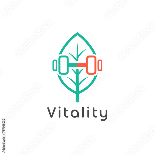 A logo shows a green leaf enclosing a dumbbell, with "Vitality" written below. Colors teal, orange, and gray