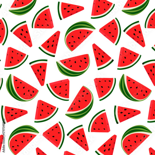 Vibrant and fresh seamless vector pattern with juicy watermelon slices. This fun, summery design for textiles, wrapping paper, backgrounds, and print projects that need a pop of color and fruitiness.