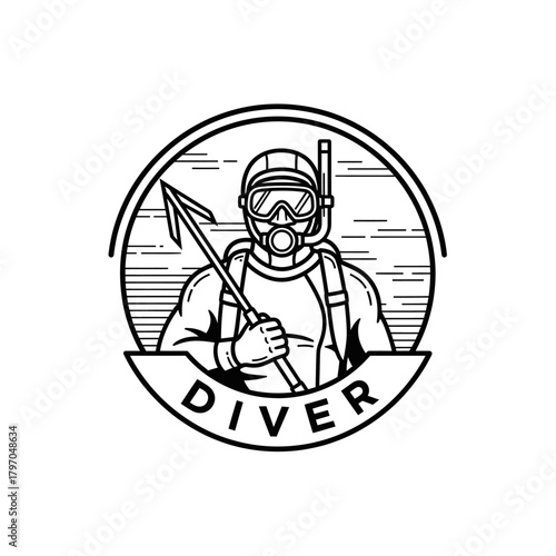 A scuba diver holding a spear, within a circle, text "DIVER" below