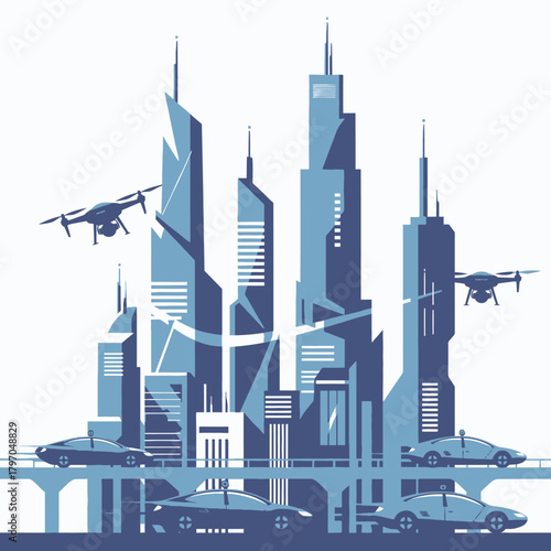 A stylized cityscape illustration with futuristic buildings, drones and autonomous vehicles on an elevated highway