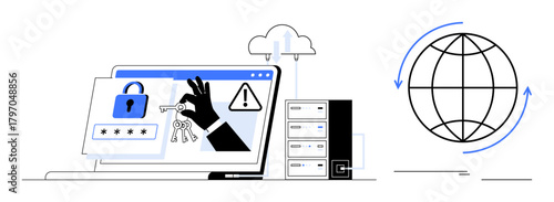 Laptop with password security, hand stealing key, cloud, globe, server rack. Ideal for cybersecurity, data protection, theft prevention, global network encryption online safety simple flat