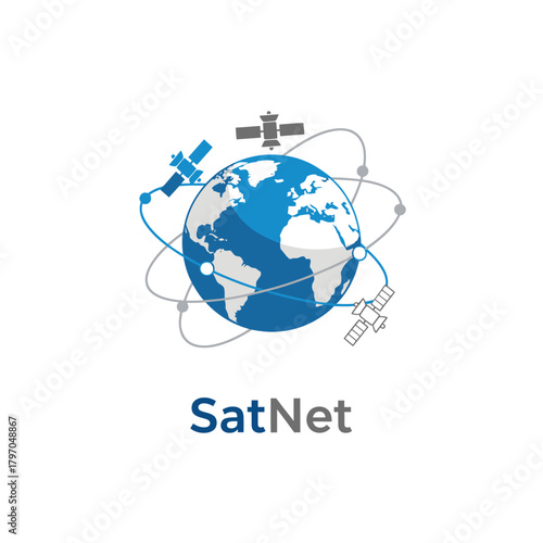 Stylized image of Earth surrounded by satellites and orbital paths with accompanying text