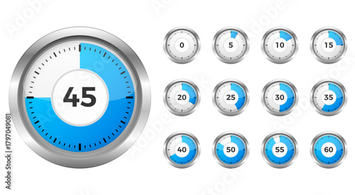 Collection of realistic silver timers showing different time intervals from 0 to 60 with blue indicator zones