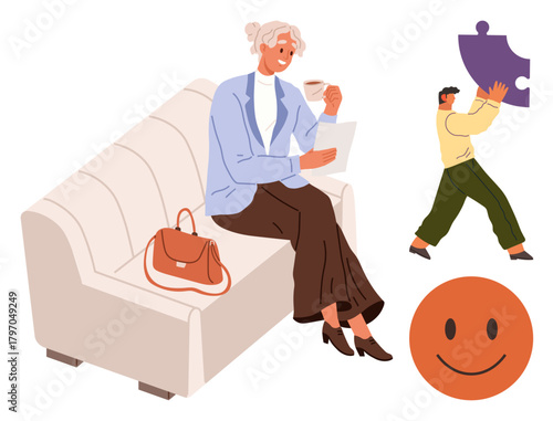 Elderly woman sipping coffee while seated on a sofa with a purse, man lifting a puzzle piece, orange smiling face symbol. Ideal for relaxation, teamwork, positivity, connection, mindfulness